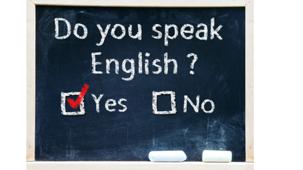 Tablica kredowa z napisem Do you speak English? z polami oznaczonymi Yes i No pod spodem. Tablica jest użyta jako dekoracja reklamowa na blogu szkoły Angielski z Zosia w Olimpinie w gminie Nowa Wieś Wielka